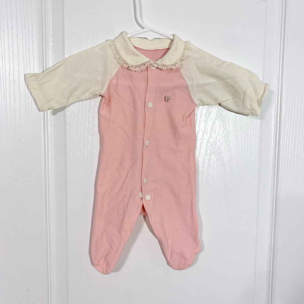 70s Lace Collar Footed Onesie Vintage Pink Cream Newborn